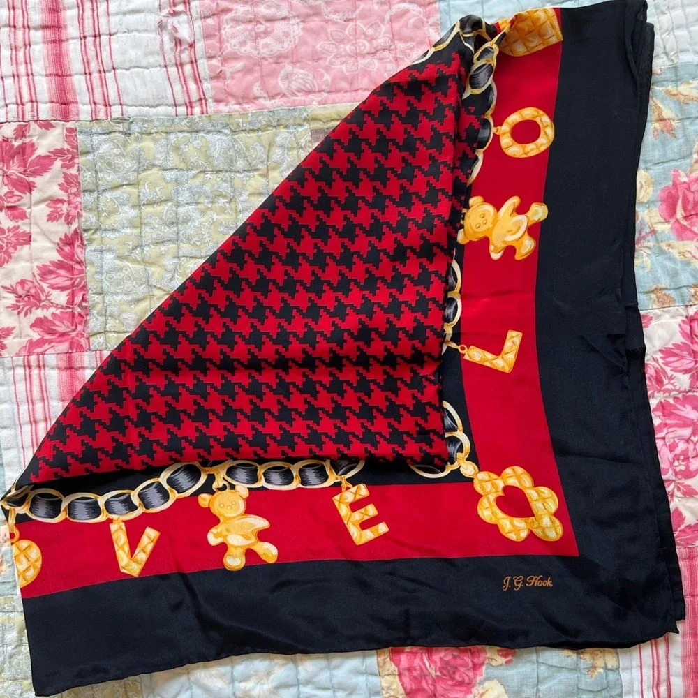 Vintage J G Hook 100% Silk Scarf‎ Red Black LOVE Teddy Bear Houndstooth